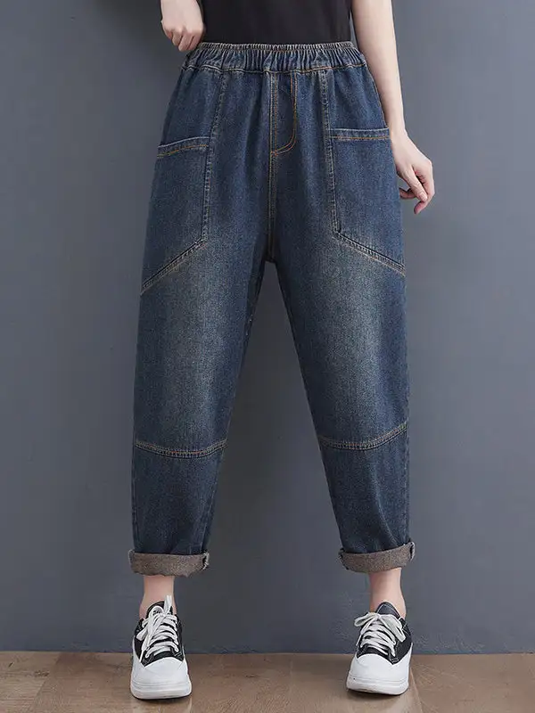 Artistic Retro Relaxed Fit Elastic Waist Jeans