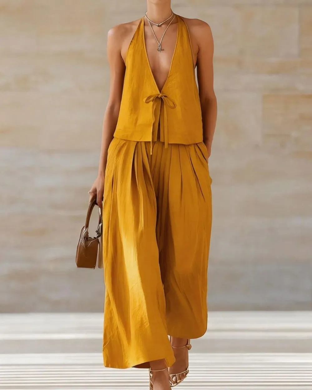 Sleeveless Vest and Wide-Leg Pants Set Two-Piece Lace-Up Outfit