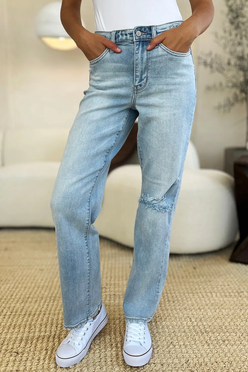 Modern High Waist Straight Leg Distressed Denim Jeans