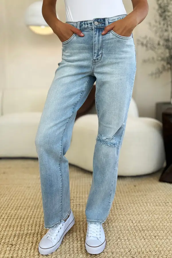 Modern High Waist Straight Leg Distressed Denim Jeans