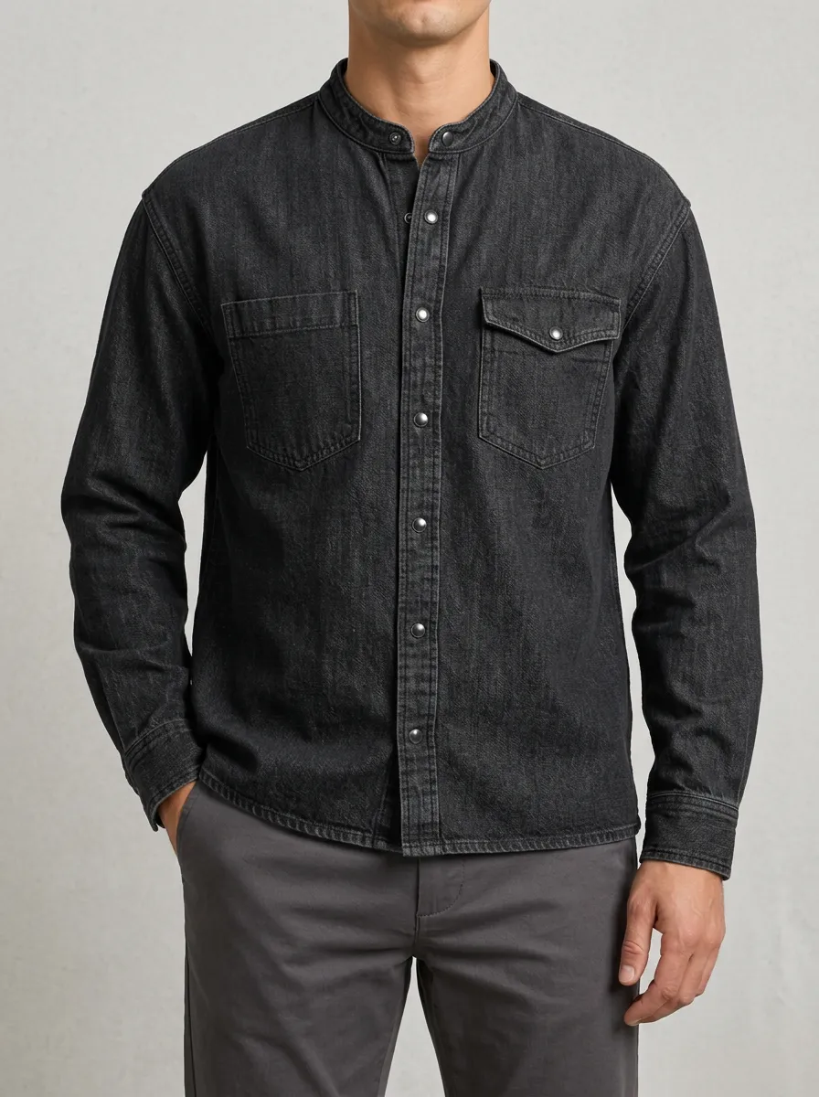 Long-Sleeve Classic Mandarin Collar Denim Shirt with Front-Opening Closure