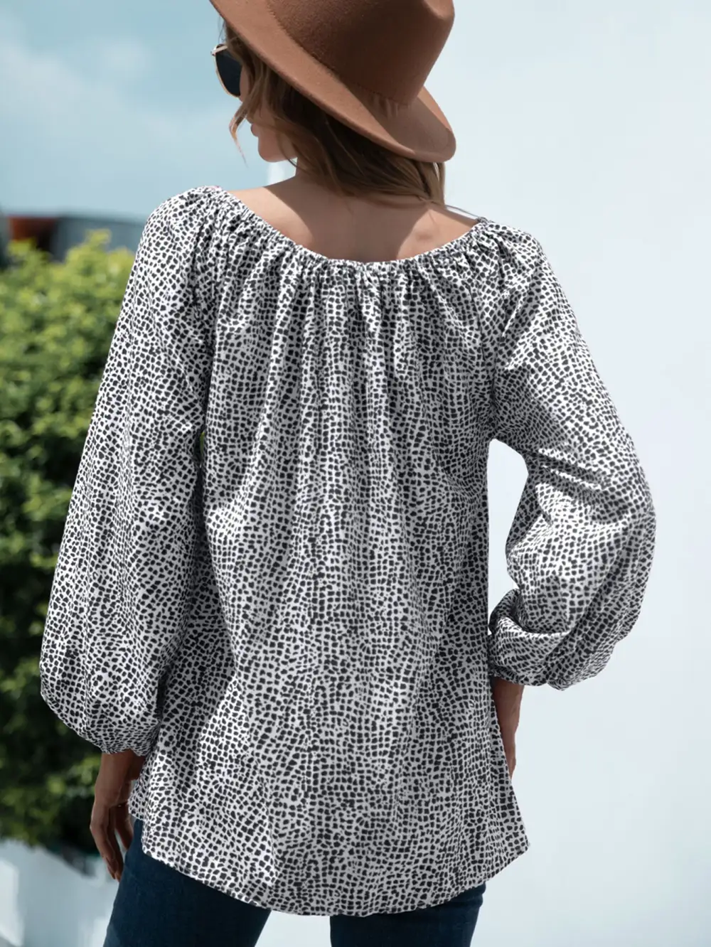 Textured Tie Detail Printed Blouse