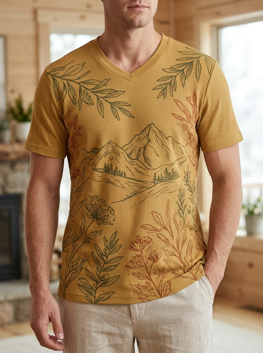 Men's Mountain Nature Lover Botanical Printed V-Neck T-Shirt