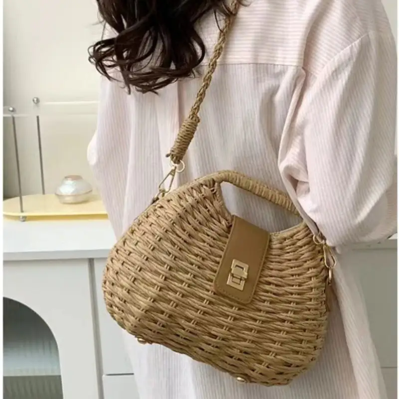 Shell Straw Crossbody Bag Woven Beach Tote Handbag Rattan