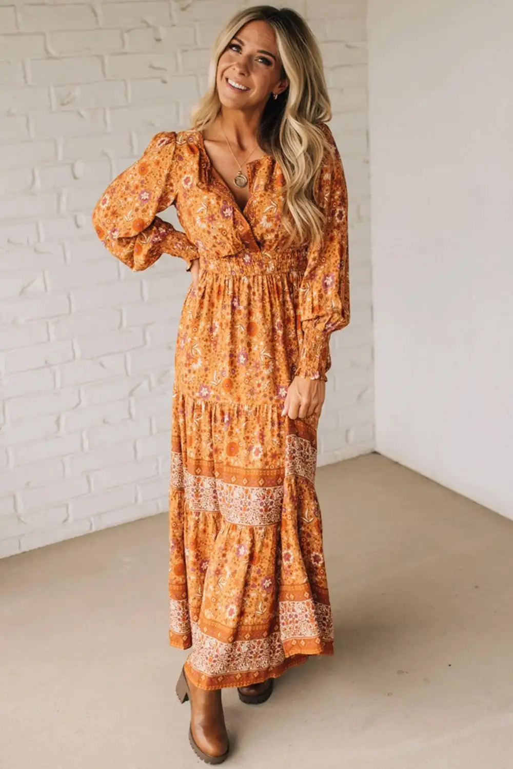Polished Detail Floral Printed Smocked Maxi Dress