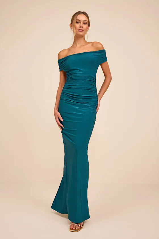 Brilliant Elegance Teal Off-the-Shoulder Backless Maxi Dress