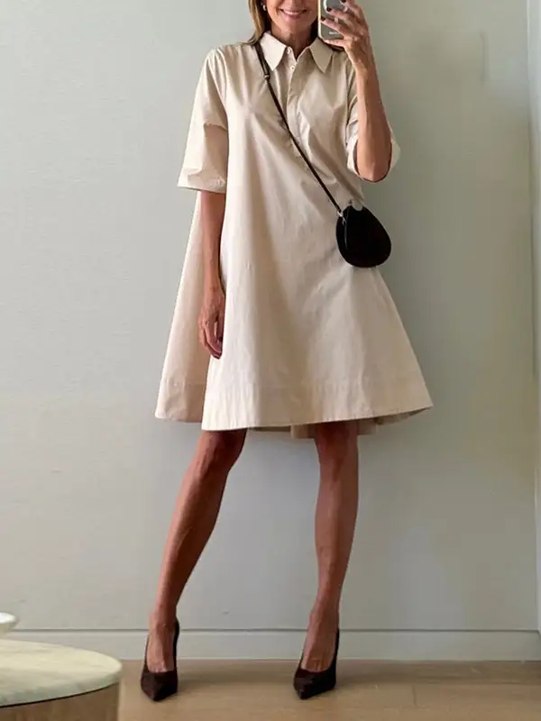 A Line Short Sleeve Solid Color Split Joint Lapel Mini Dress