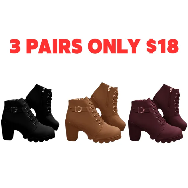 Women's Lace-Up Chunky Heel Short Boots, Metal Buckle Accent, Fashionable & Versatile