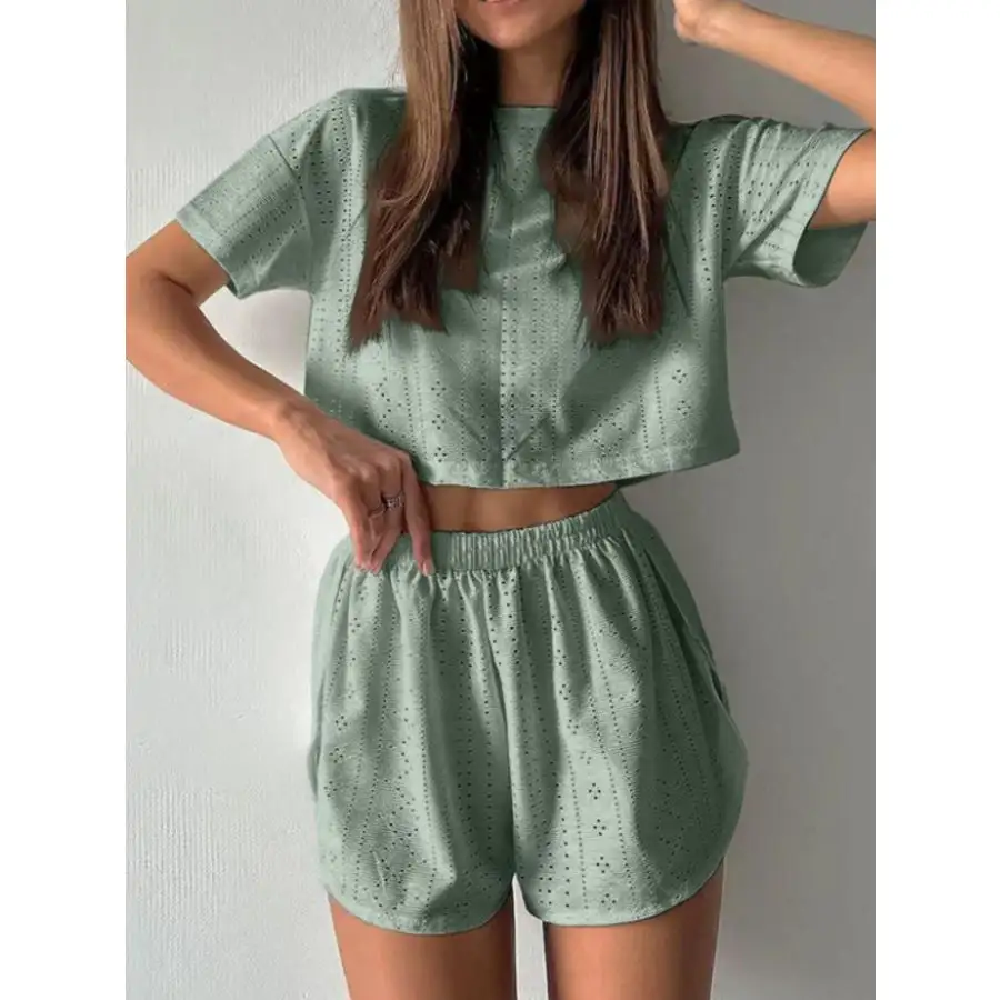Eyelet Round Neck Top and Shorts Set