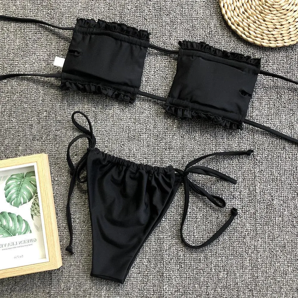 Frill Trim Ruched Bikini Swim Set
