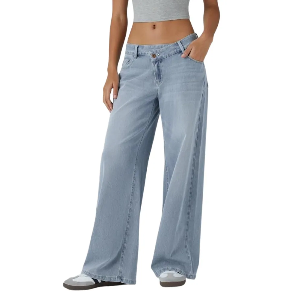Asymmetric Low Rise Zipper Pockets Baggy Wide Leg Washed Casual Jeans