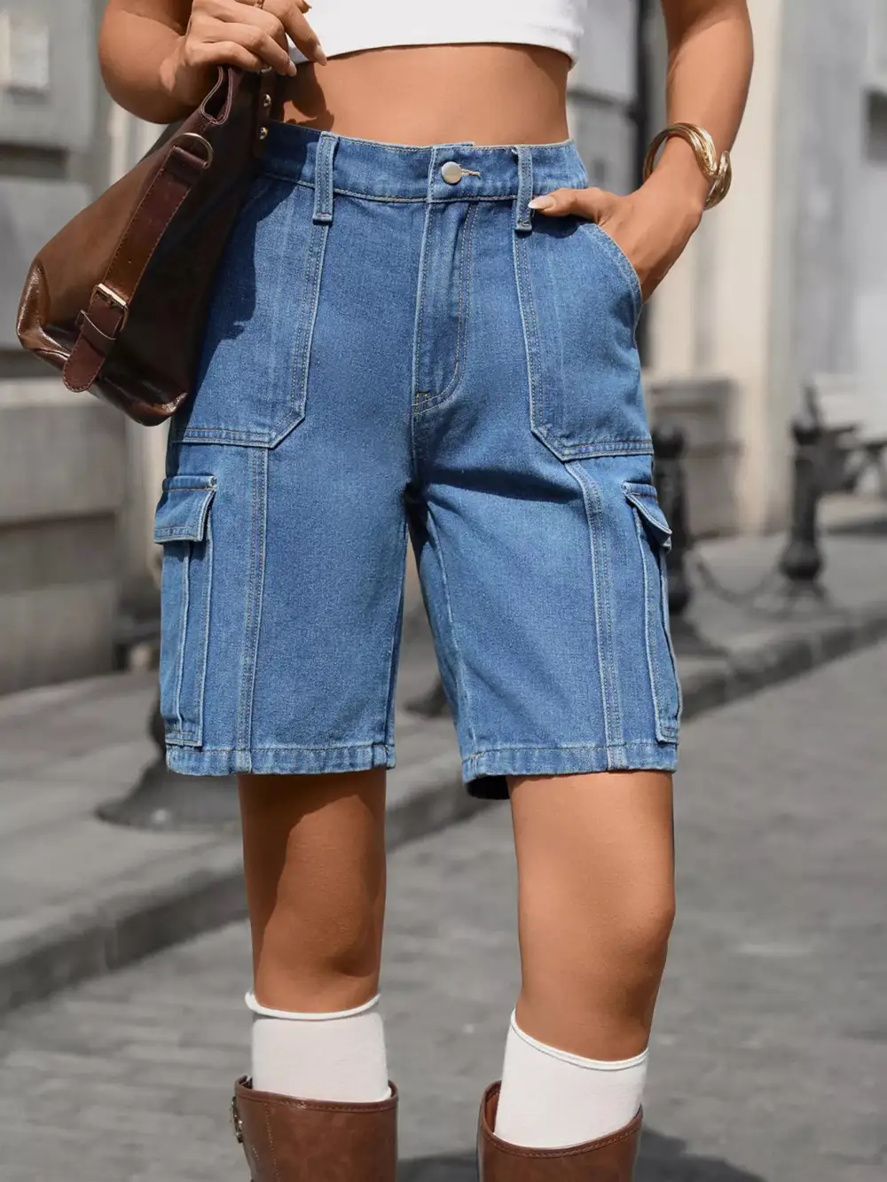 Street High Waist Pocketed Denim Shorts