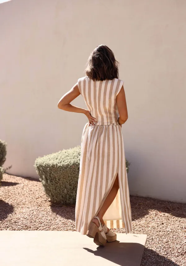 Striped Elastic Waist Side Slit Skirt