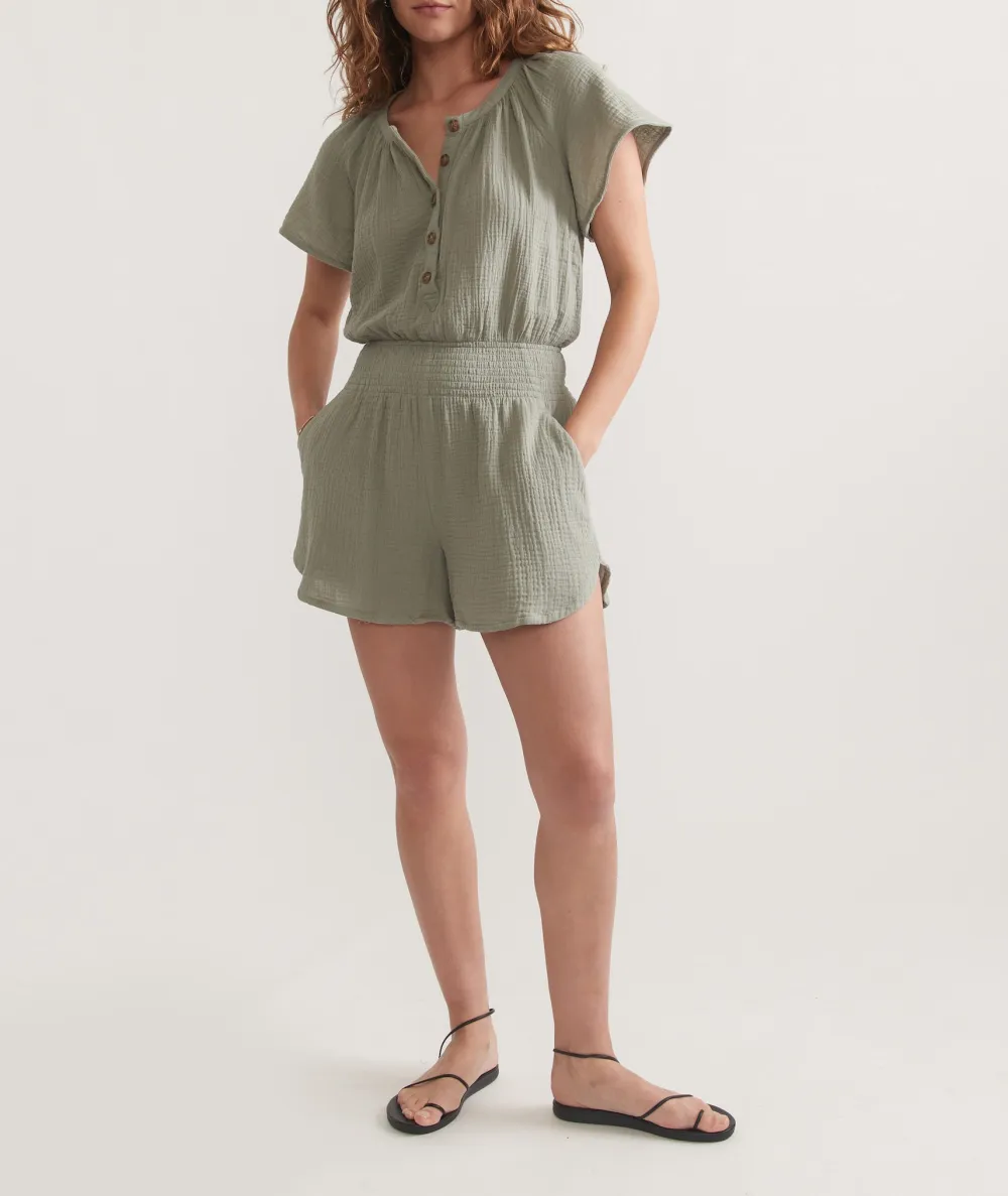 Short-Sleeve Smocked Cotton Romper