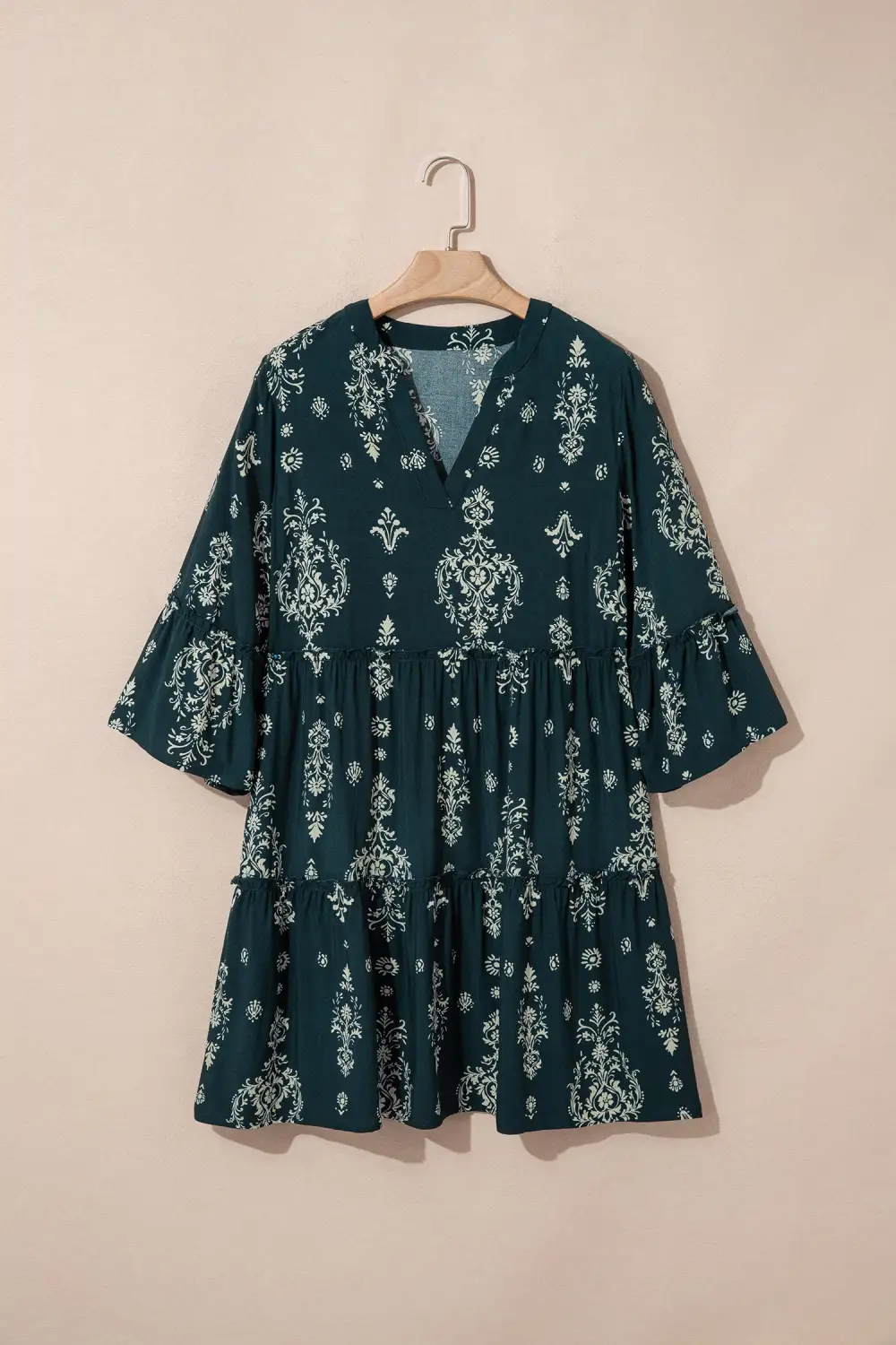 Boho Lettuce Trim Three Quarter Sleeve Mini Dress