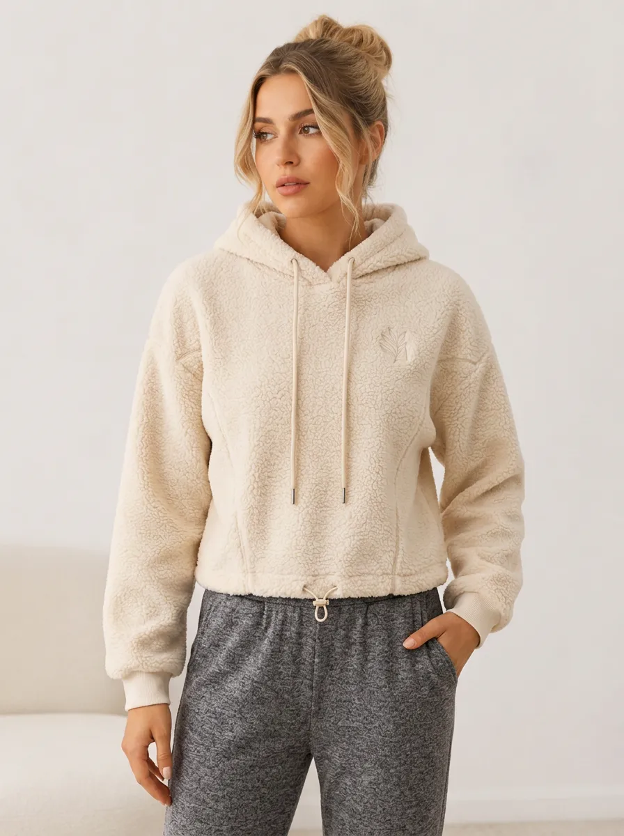 Women's Casual Minimalist Leaf Embroidered Sherpa Fleece Hoodie