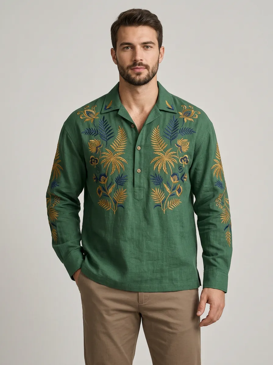 Men's Botanical Artful Embroidered Long Sleeve Shirt