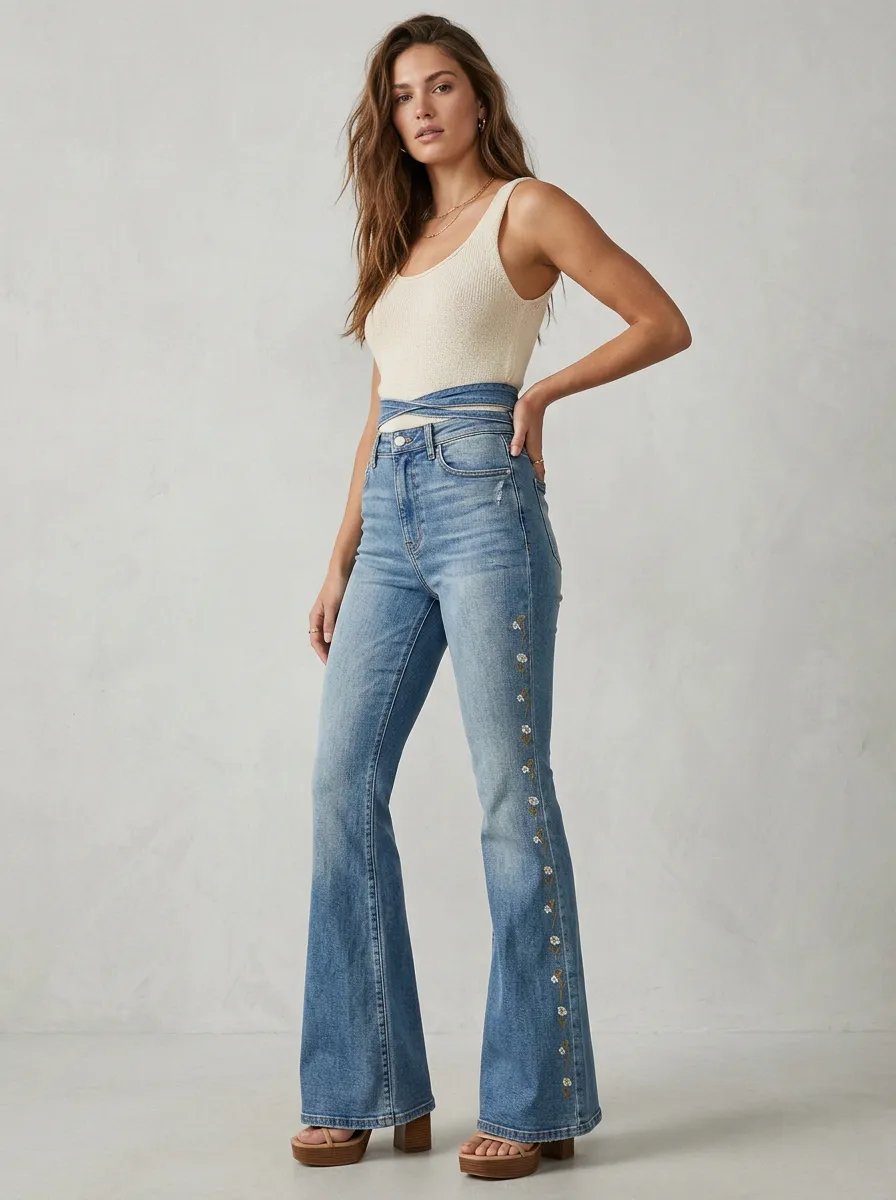 Women's Floral Embroidery Floral Embroidered Cross Motif Flare Jeans
