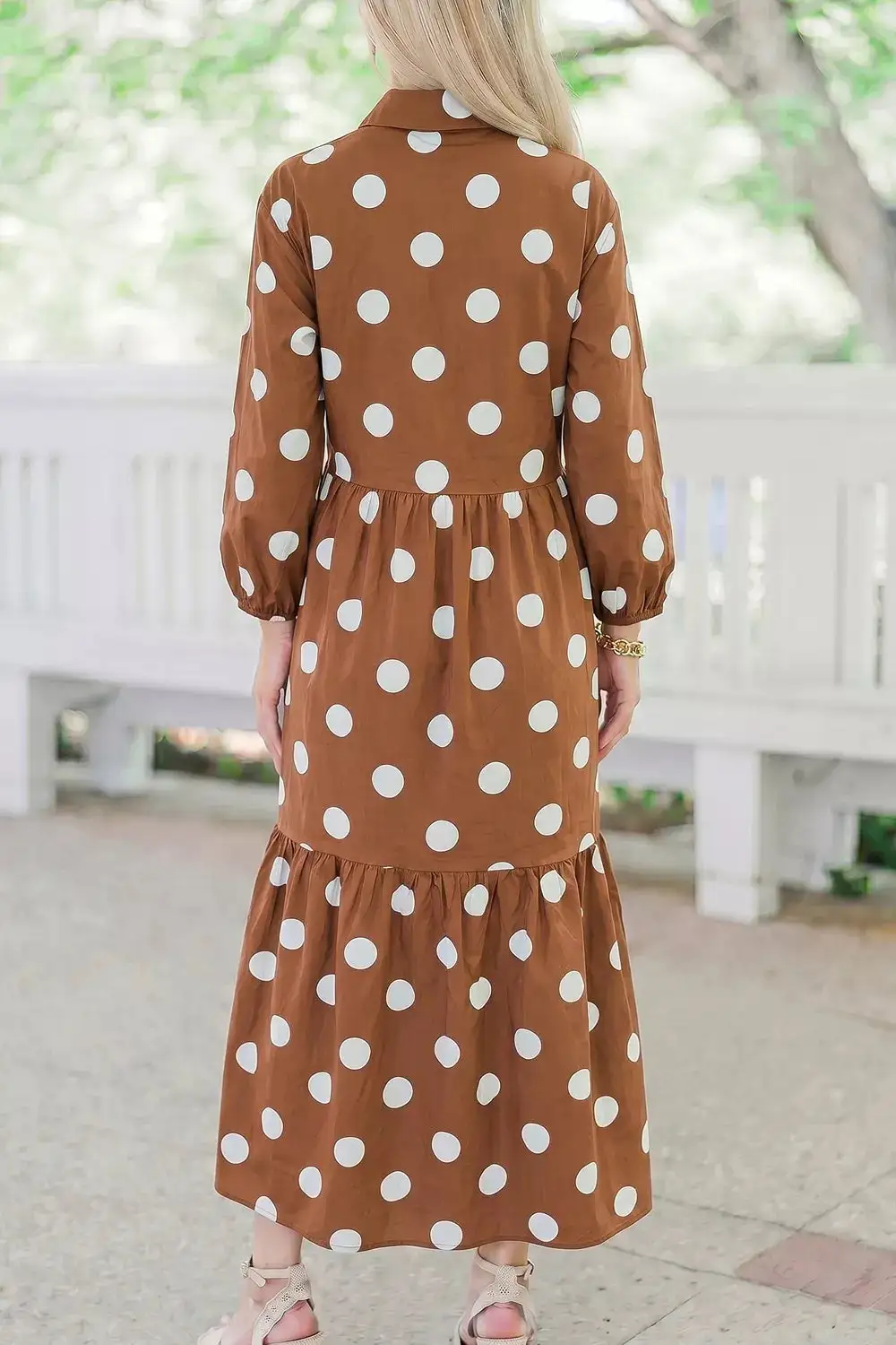 Polka Dot Button Front Long Sleeve Shift Dress