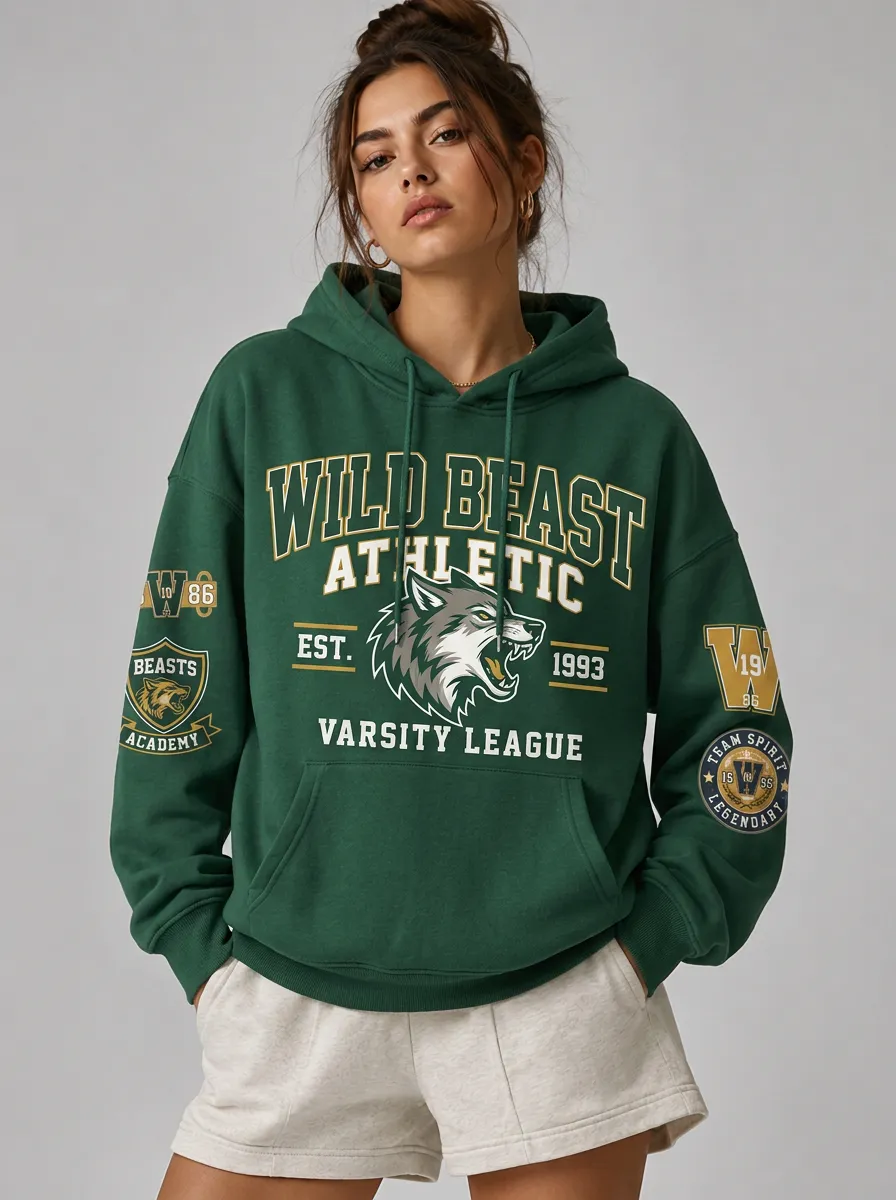 Women's Wild Beast Athletic Wolf Varsity Printed Hoodie