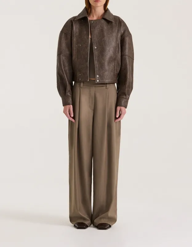 Carob Cropped Faux Leather Jacket