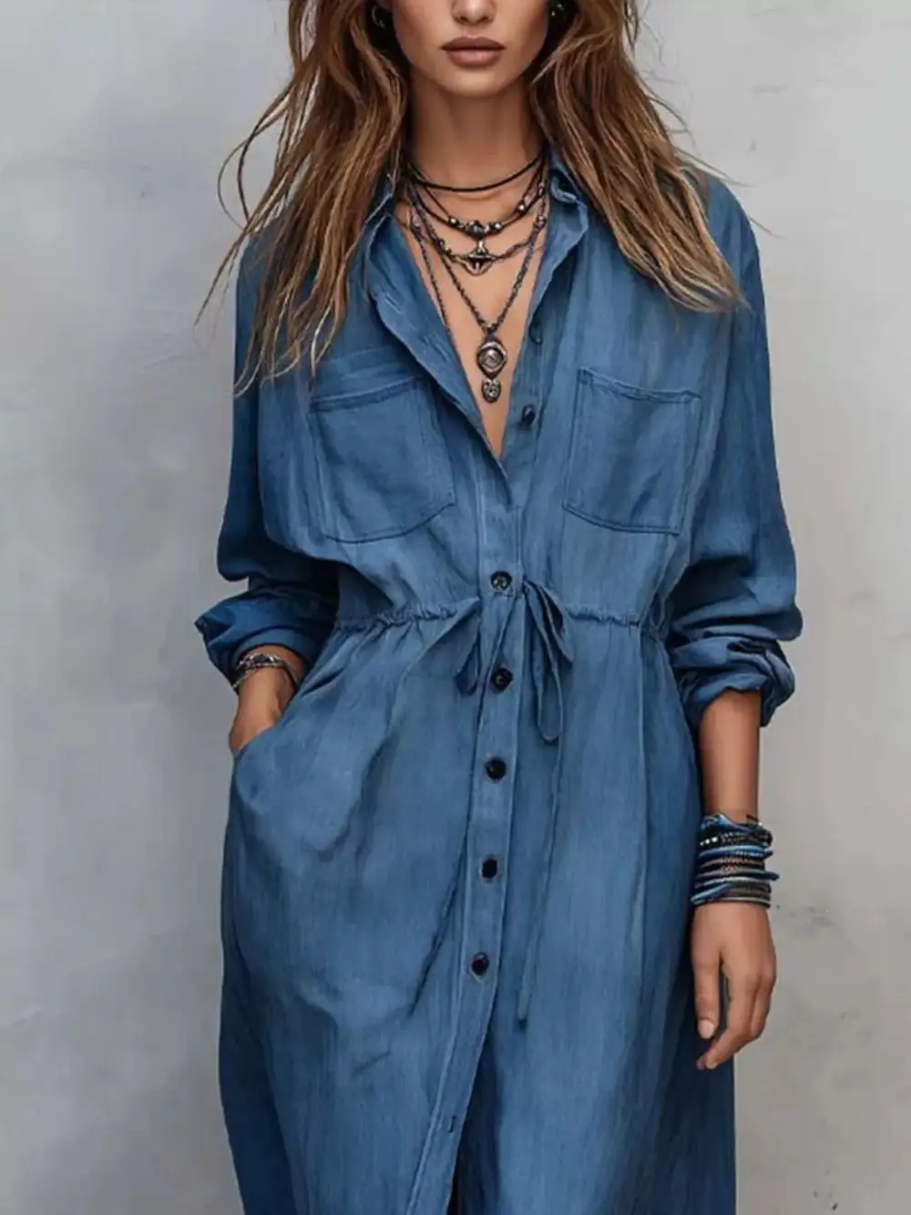Button Front Long Sleeve Drawstring Waist Shirt Dress