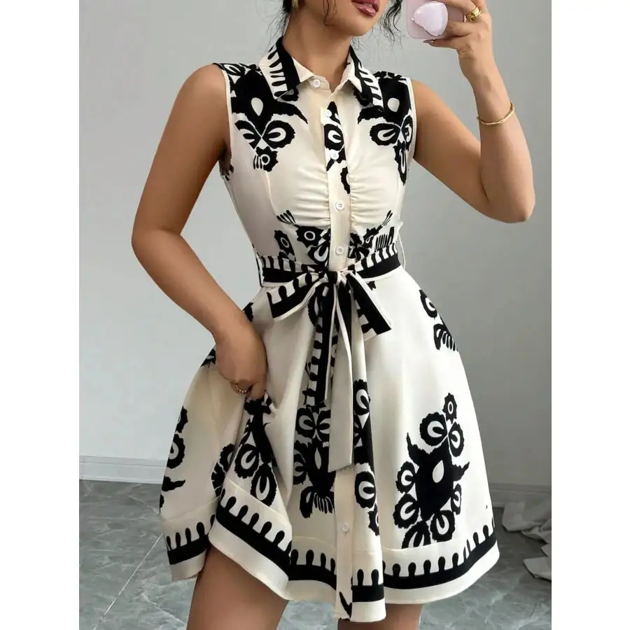 Printed Sleeveless Tie Waist Mini Dress