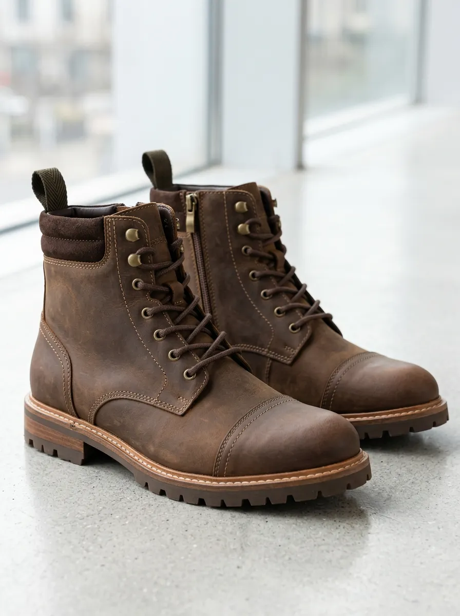 Brown Leather Look Combat Style Work Boots in an Outdoor Inspired Design