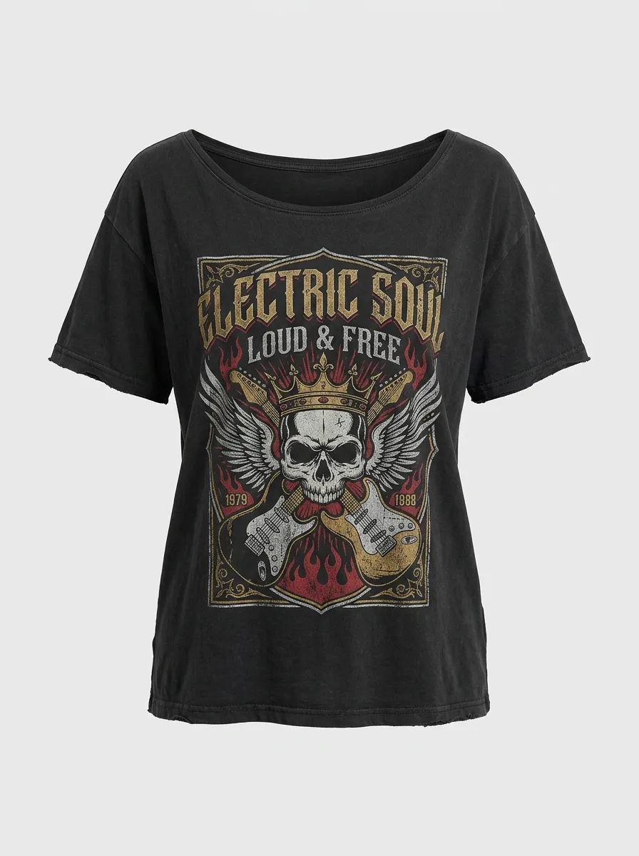 Women's Rock Music Lover Winged Skull Guitar Printed T-shirt