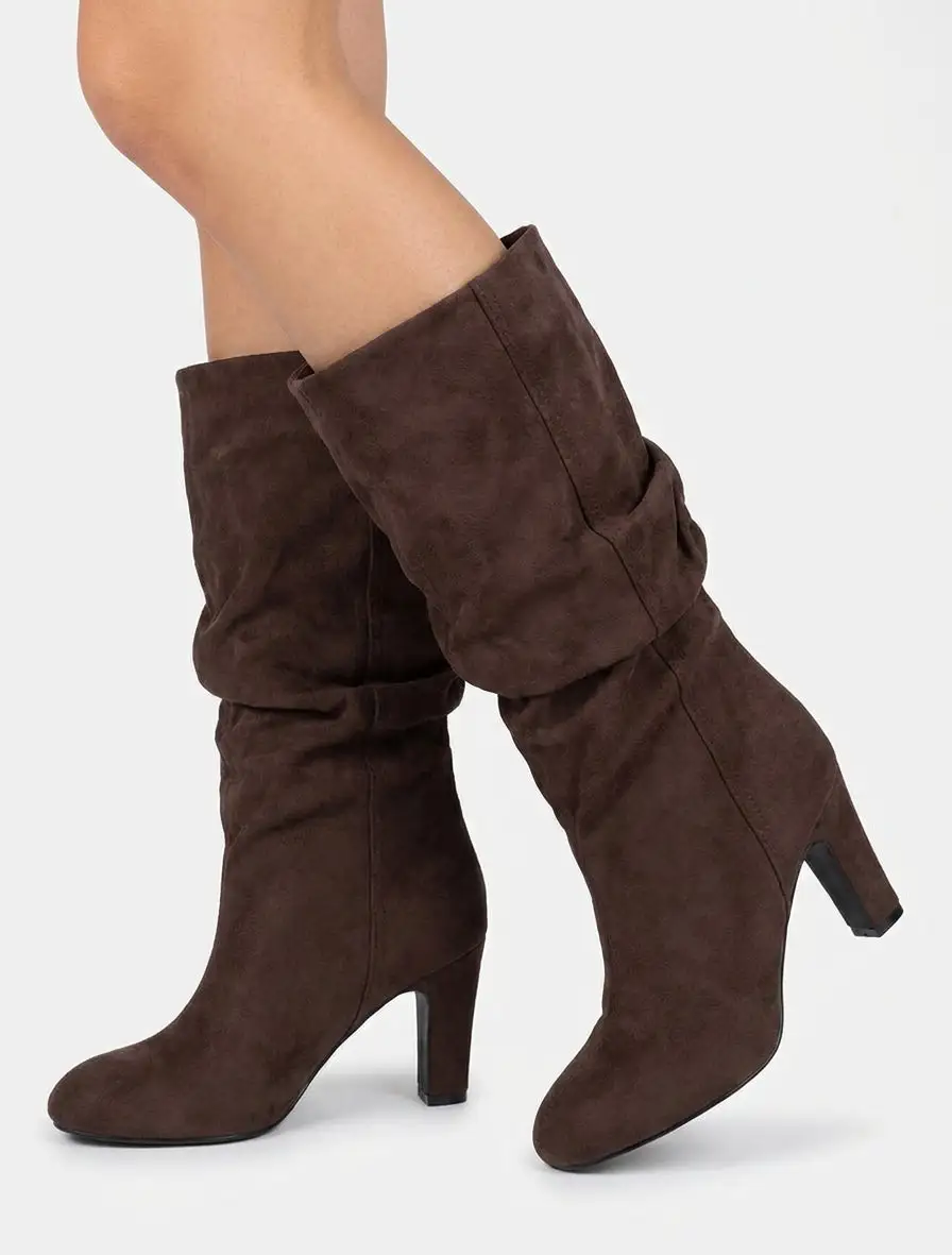 Statement Block Heel Ruched Faux Suede Knee High Boots