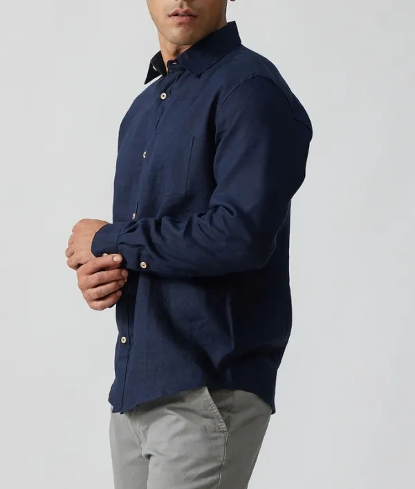 Deep Blue Linen Button-Up Shirt