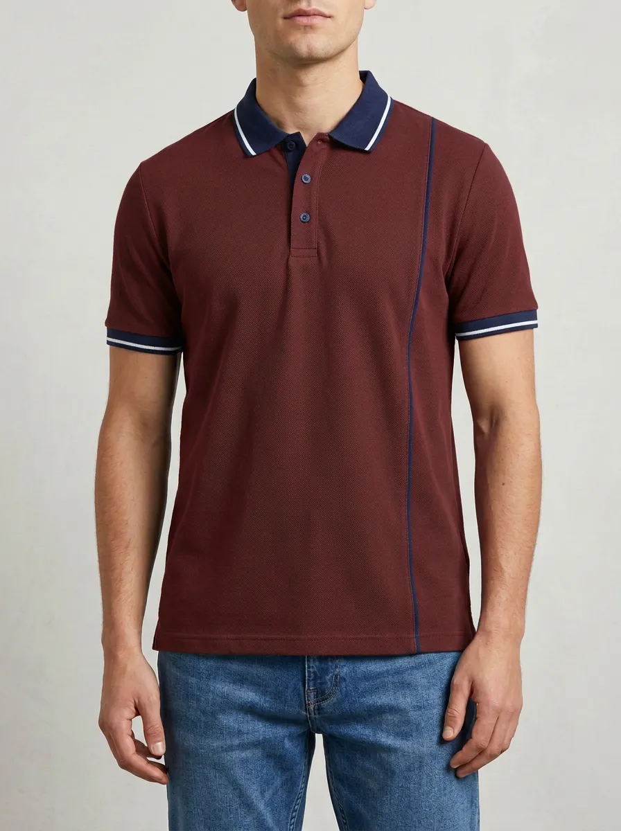 Men's Knit Ribbed Textured Vertical-Stripe Contrast-Piping Contrast-Collar Contrast-Trim Running Graphic Polo Shirt