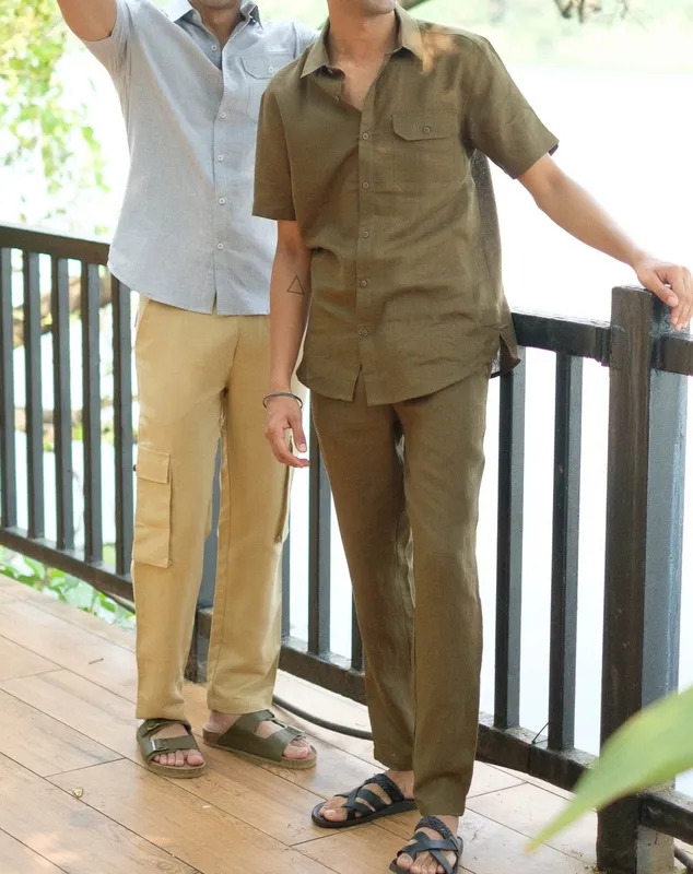 Olive Green Short Sleeve Linen Shirt
