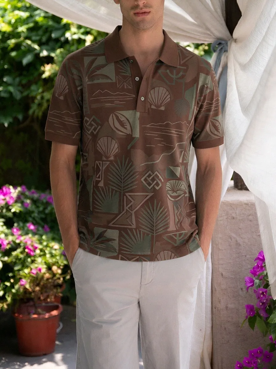 Men's Tropical Beach Seashell Palm Printed Polo Shirt