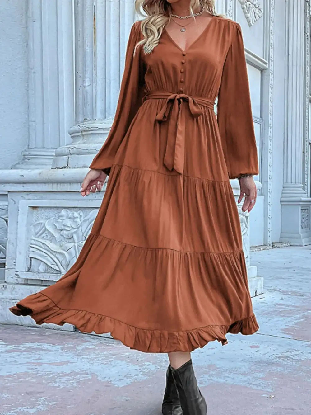 Smooth Finish V Neck Ruffle Dress