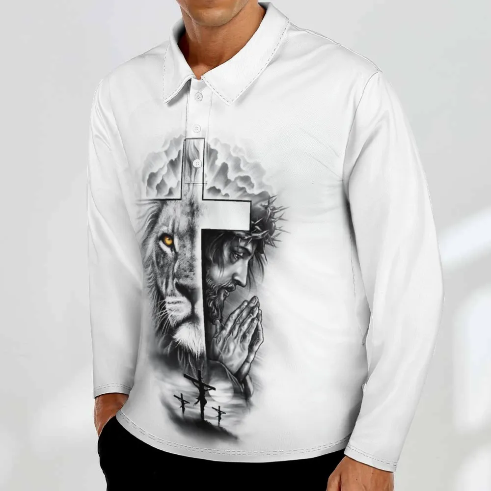 Men's Lion&Jesus Print Long Sleeve Polo Shirt