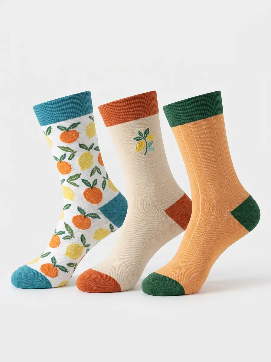 Sport Graphic Fruit Pattern 3-Pair Mid-Calf Athletic Socks