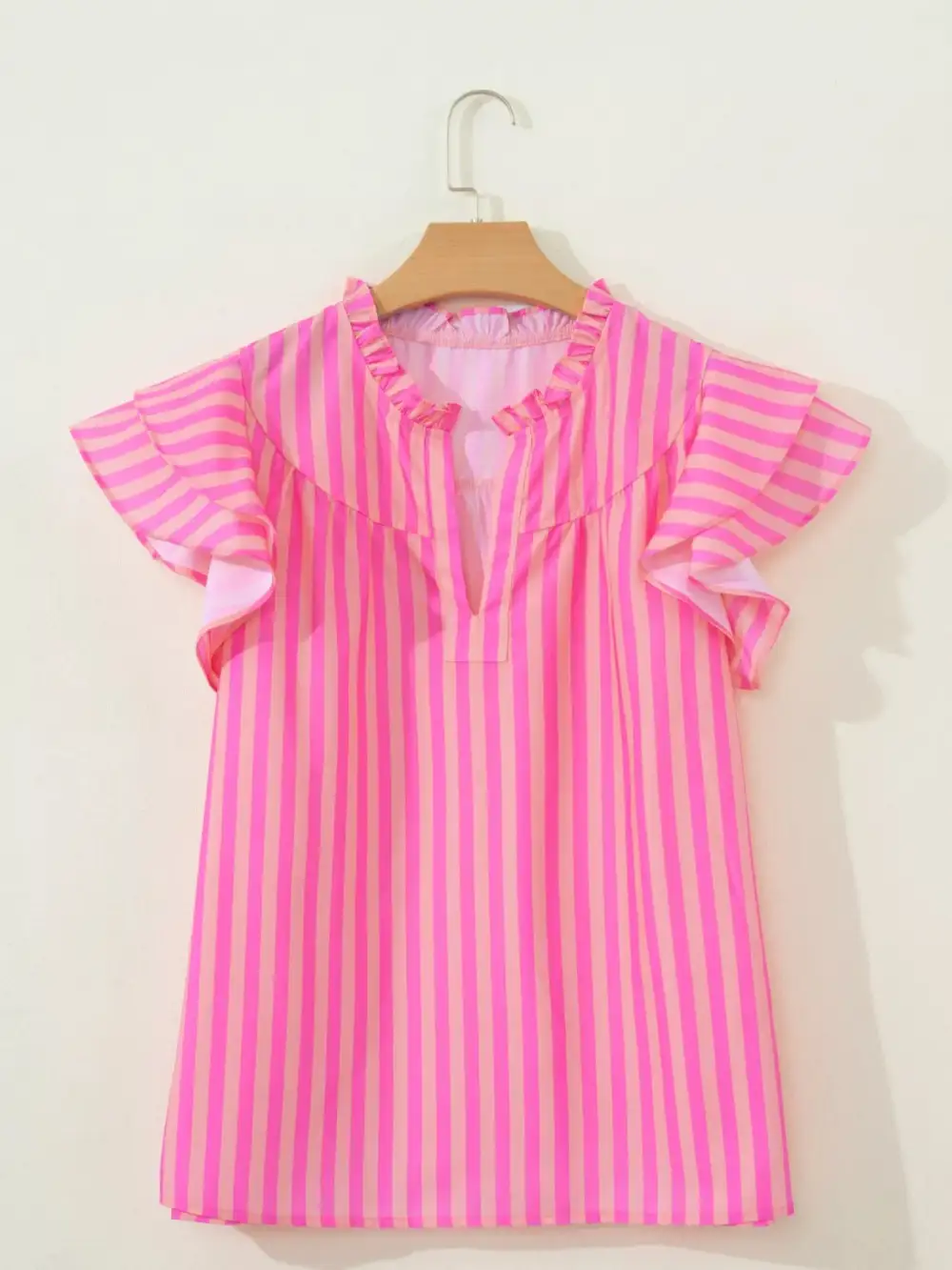 Stripe Split Neck Ruffled Blouse