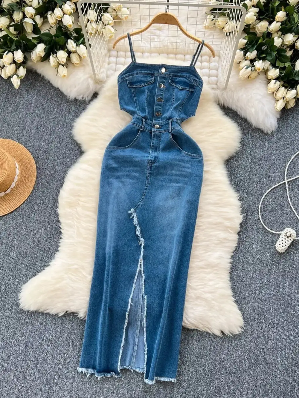 Denim Slit Sleeveless Dress Casual