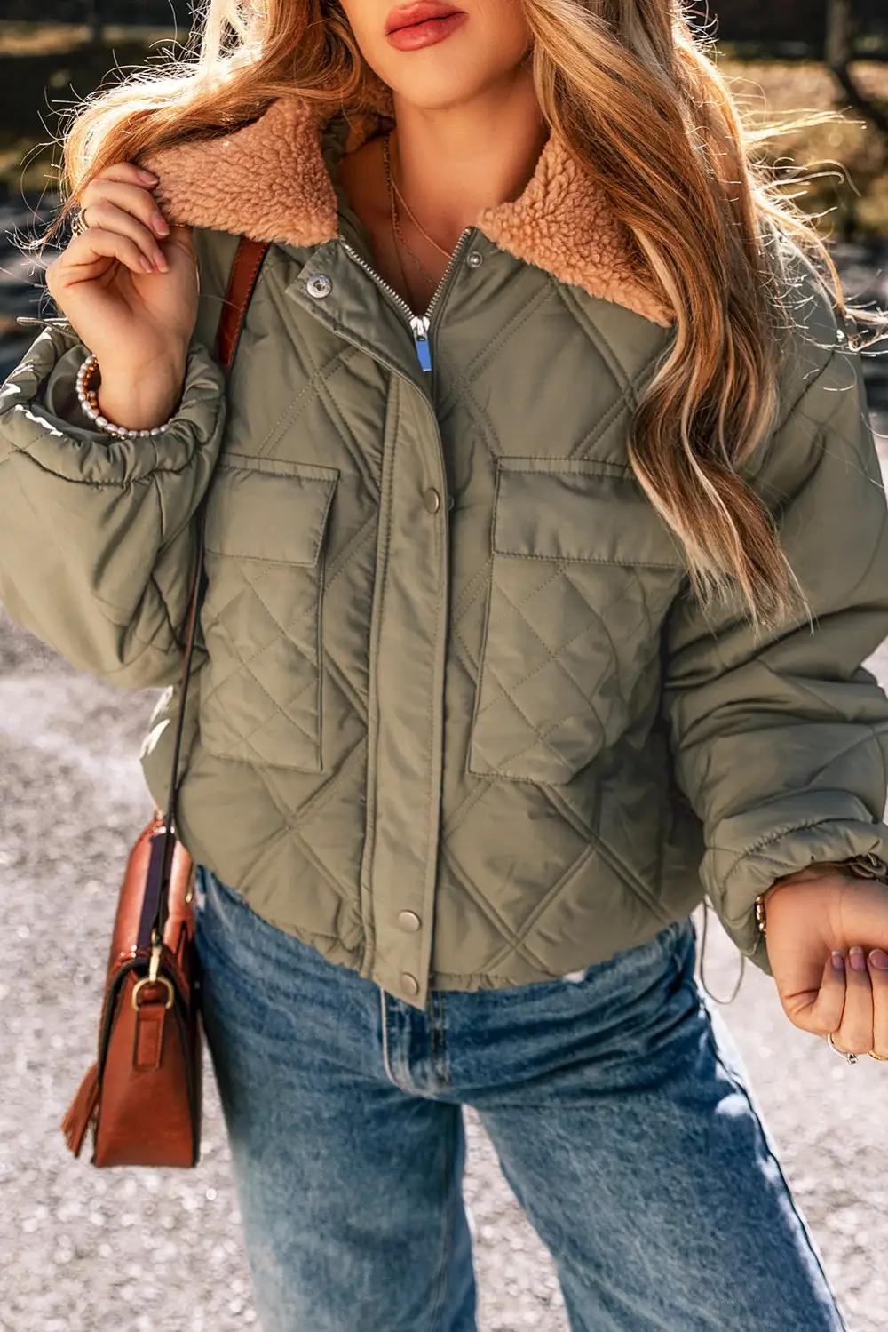 Jungle Teddy Collar Flap Pockets Quilted Puffer Jacket