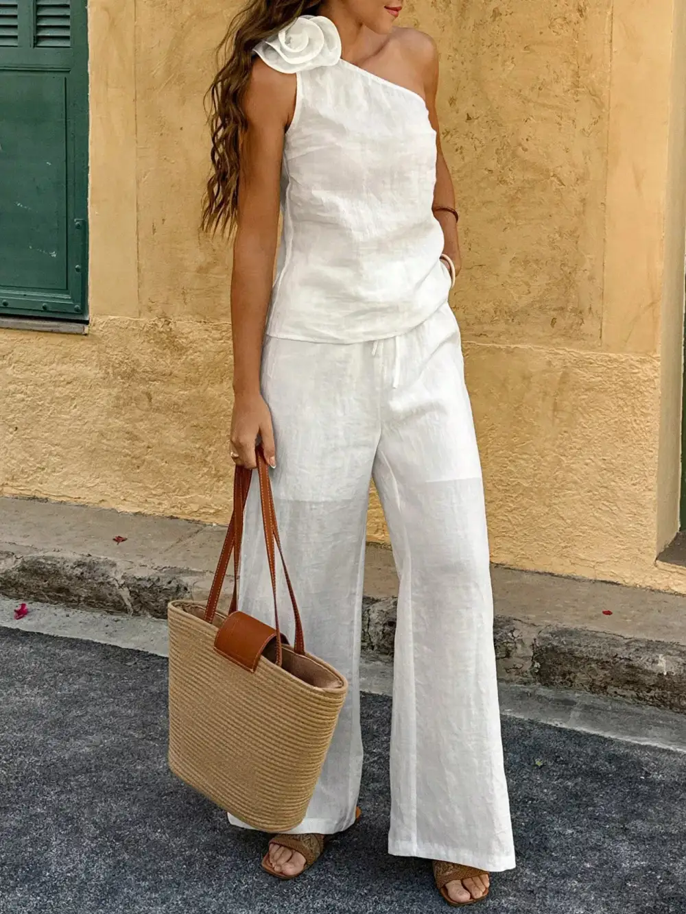 One-shoulder Embellished Top and Pants Set
