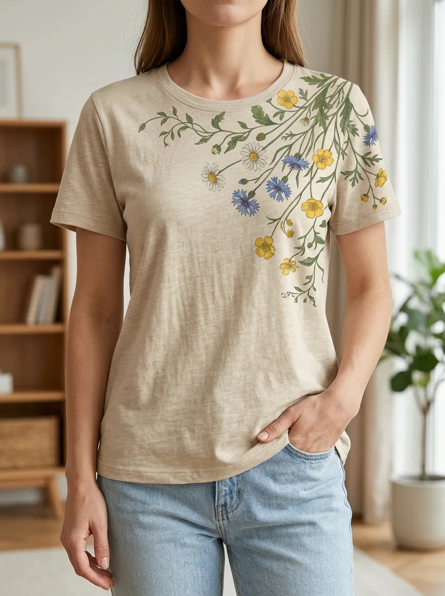 Women's Meadow Botanical Nature Lover Wildflower Crew Neck T-Shirt