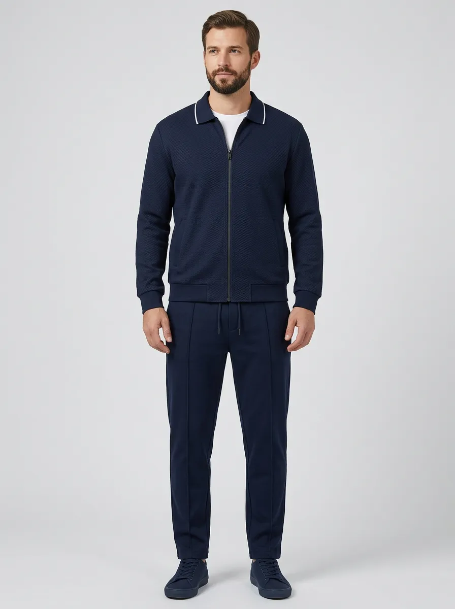 Men's Textured Zip-Up Polo Collar Jacket and Jogger Pants Set