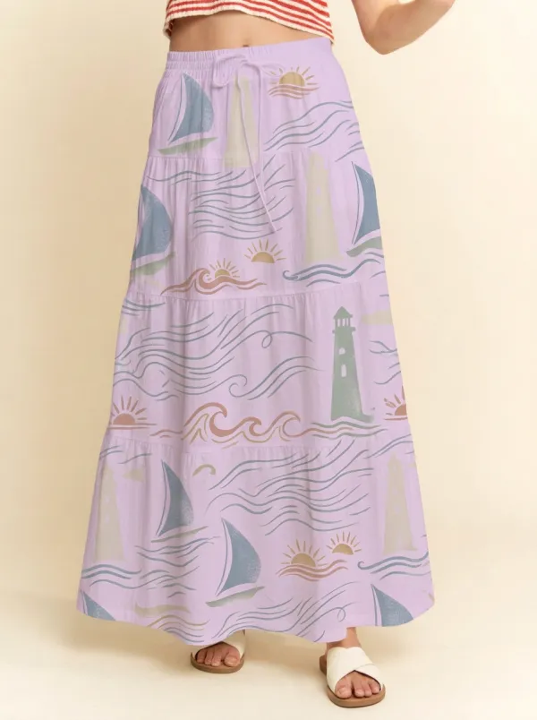 Women's Coastal Nautical Lighthouse Sailboat Printed Maxi Skirt