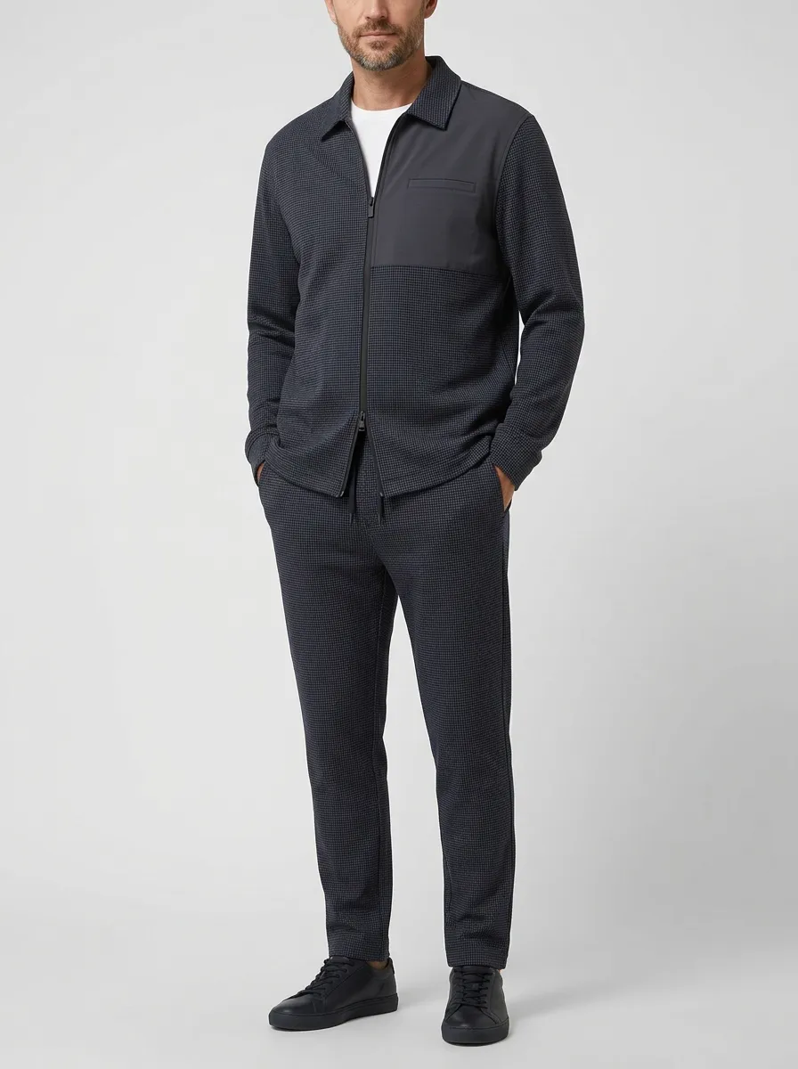 Men's Houndstooth Zip-Up Minimal Polo Collar Jacket and Jogger Pants Set