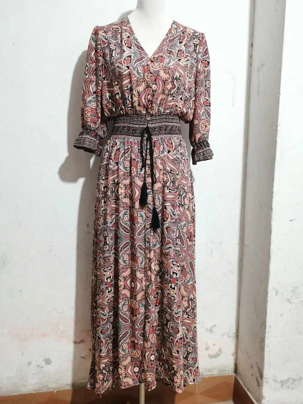 Paisley Print Slit Short Sleeve Midi Dress