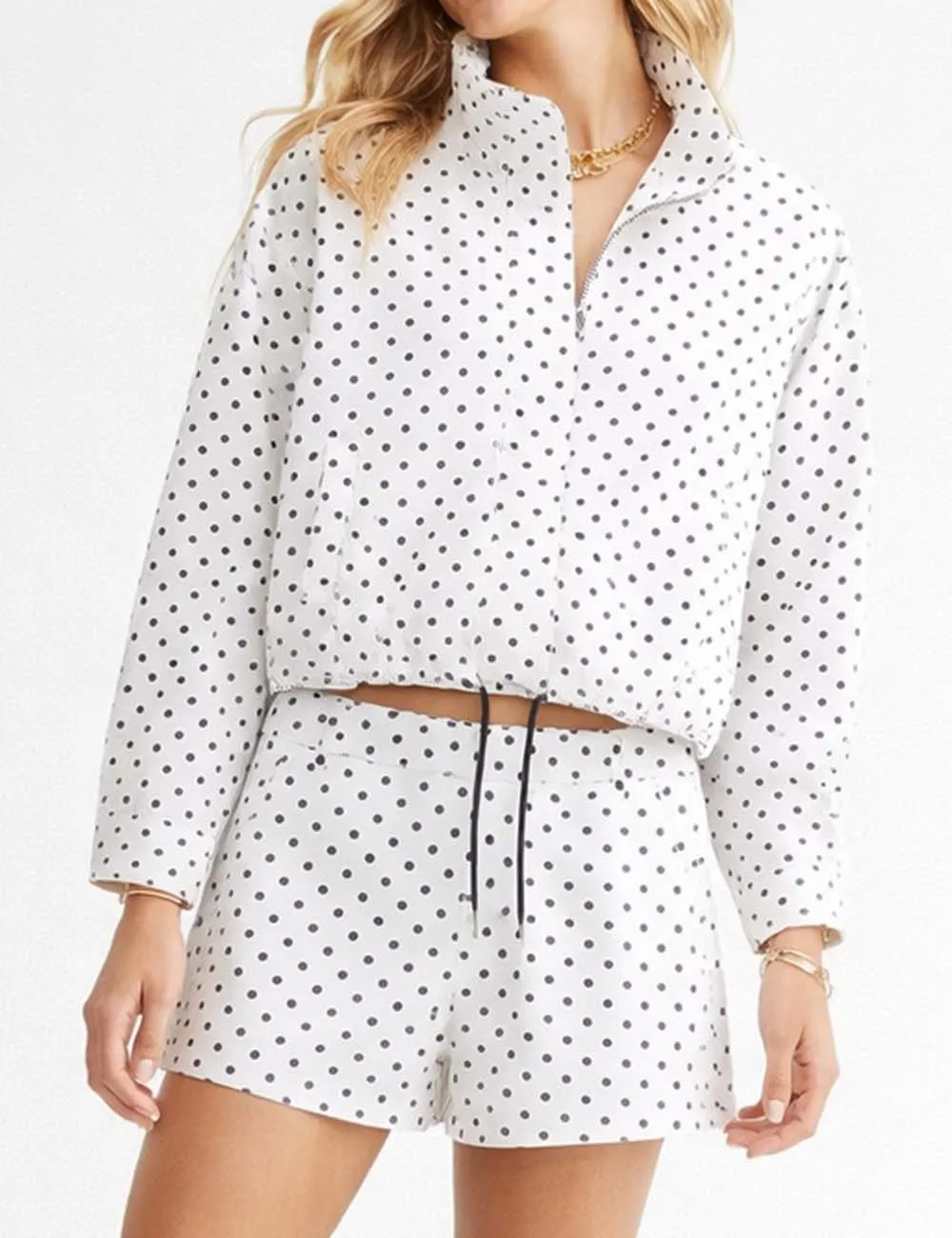 Chic Polka Dot Zip Up Long Sleeves Bomber Jacket Set