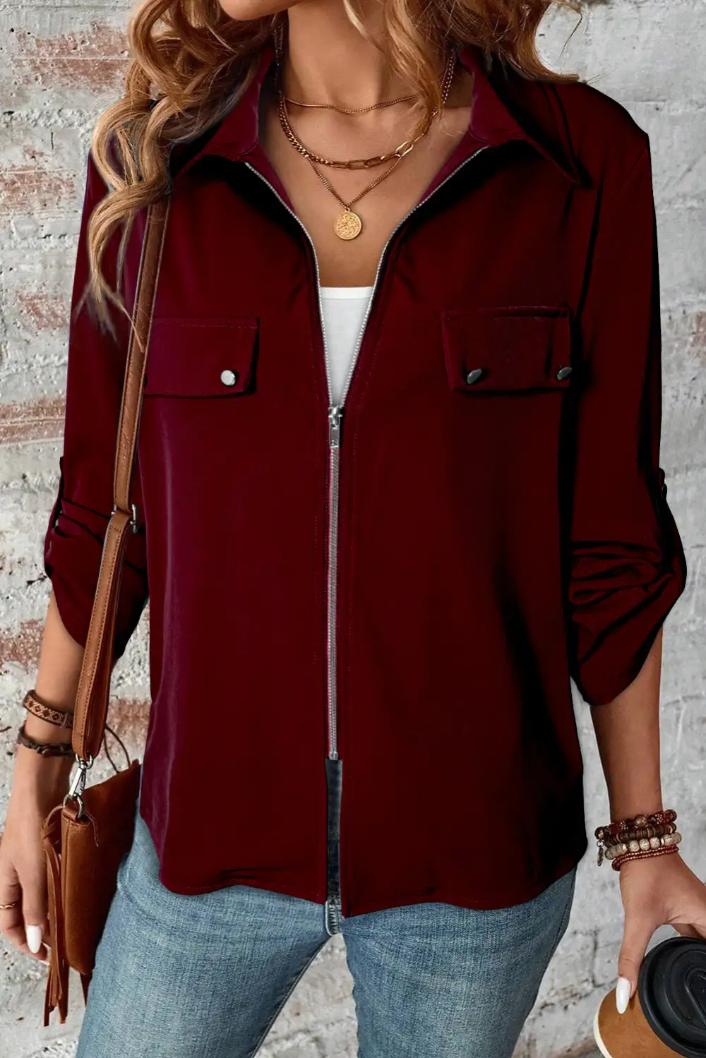 Dahlia Collar Tab Sleeve Zip-Up Flap Detail Jacket