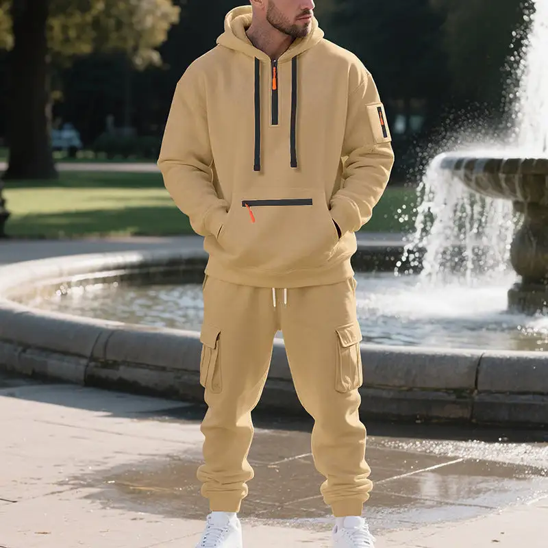Men's Urban Cargo Tracksuit with Hooded Hoodie and Zipper Pockets Cargo Pants