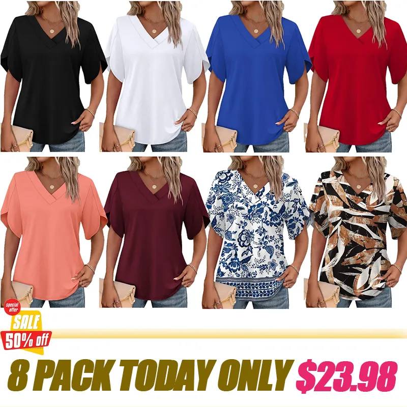 Women's Summer Short Petal Sleeve Blouse, V‑Neck Casual Top